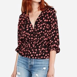 Express Floral Smocked Waist Surplice Blouse